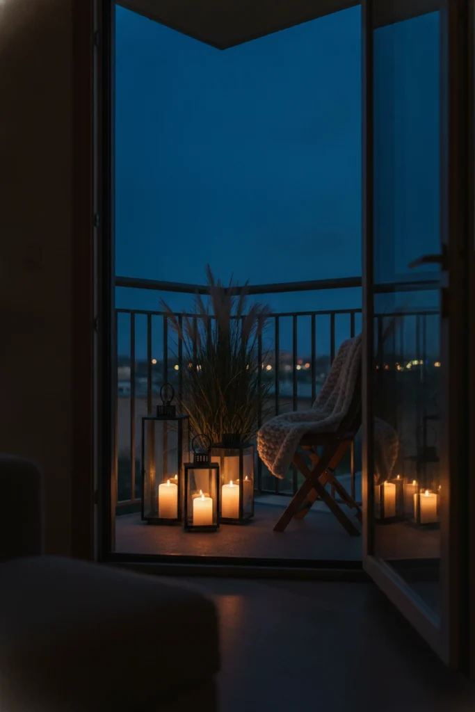 Three lanterns in different sizes glowing in a balcony corner, seen through a sliding door