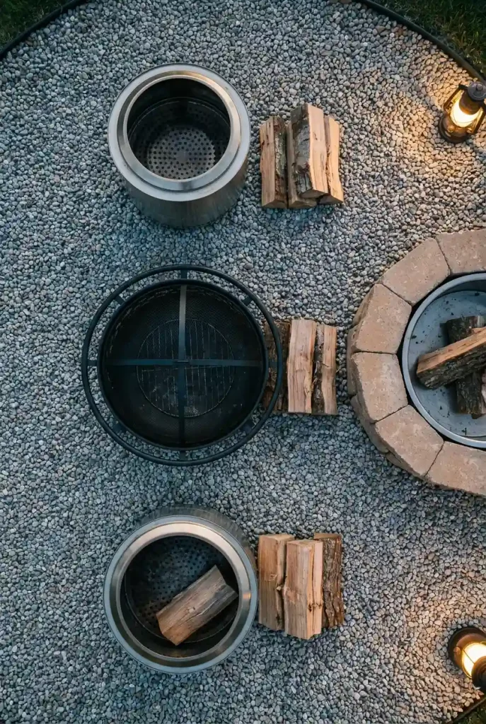 Three wood fire pit ideas compared from above: smokeless steel pit, steel fire bowl, and block ring