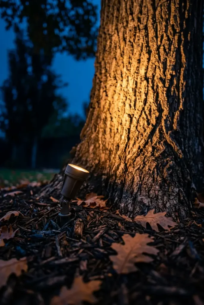 Tree lighting ideas: a staked spotlight rakes warm light up the ridged bark of an oak at dusk