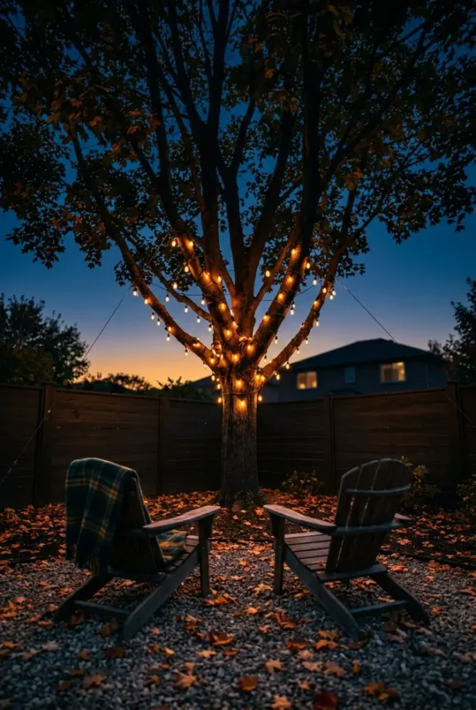 Tree lighting ideas for fall: a maple wrapped in warm cafe bulbs above two Adirondack chairs at dusk