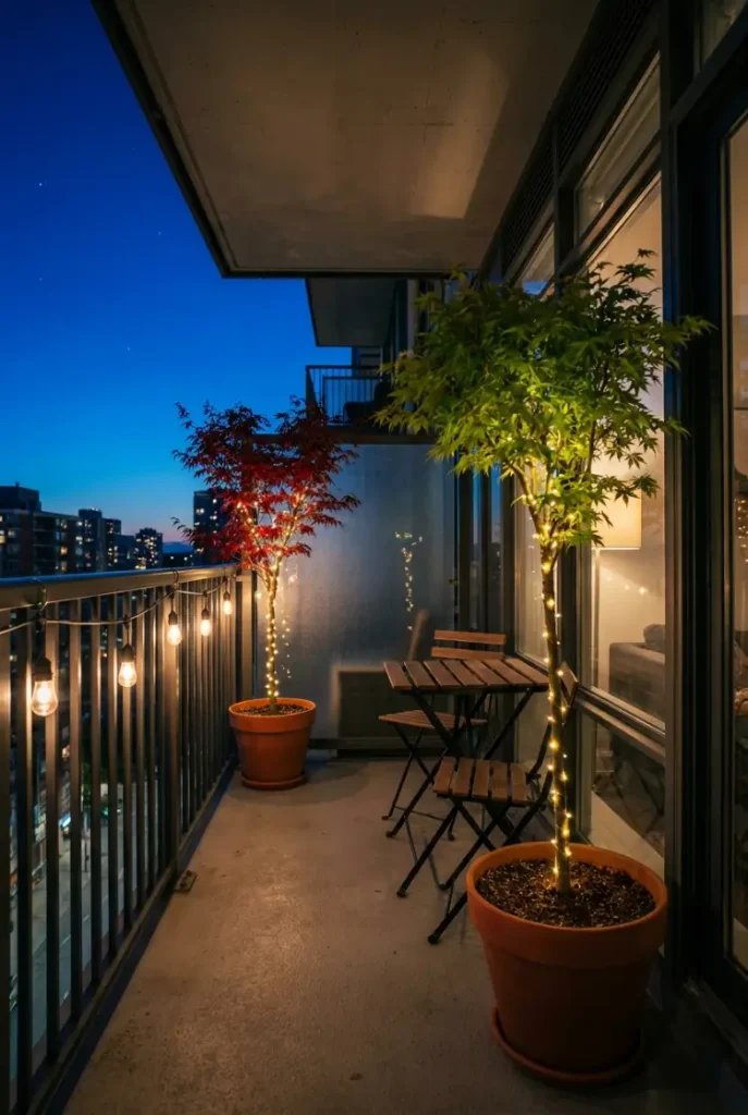 Tree lighting ideas for renters: potted Japanese maples lit with mini lights on a small balcony