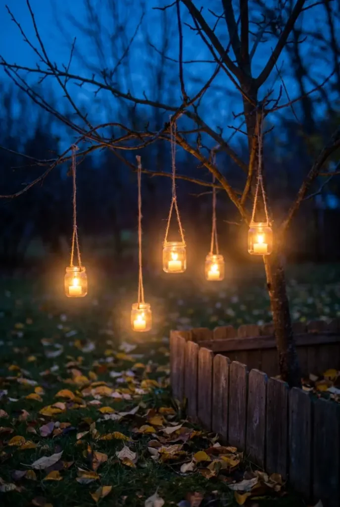 Tree lighting ideas for young trees: five glass lanterns hung at uneven heights on jute loops