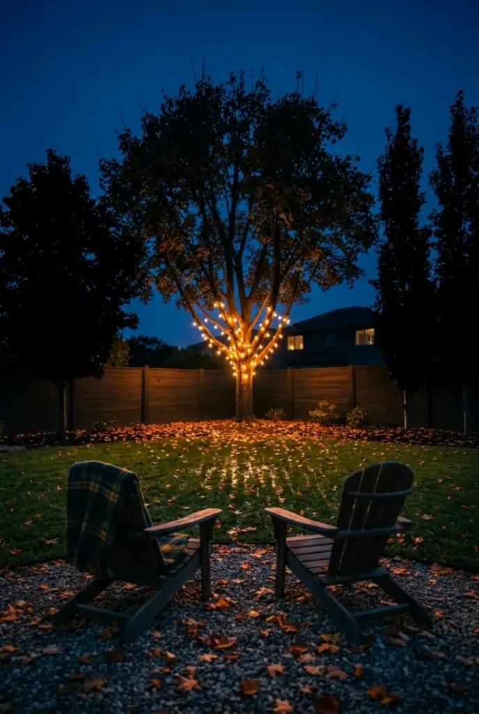 Tree lighting ideas in practice: one maple lit with warm bulbs while nearby trees stay dark