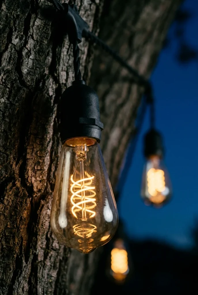 Tree lighting ideas on a budget: a warm 2700K S14 Edison bulb glowing against dark maple bark