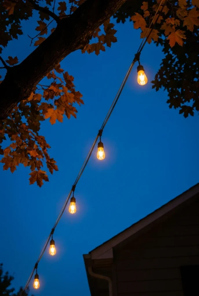 Tree lighting ideas overhead: a cafe bulb strand on a guide wire from a maple branch to the roofline
