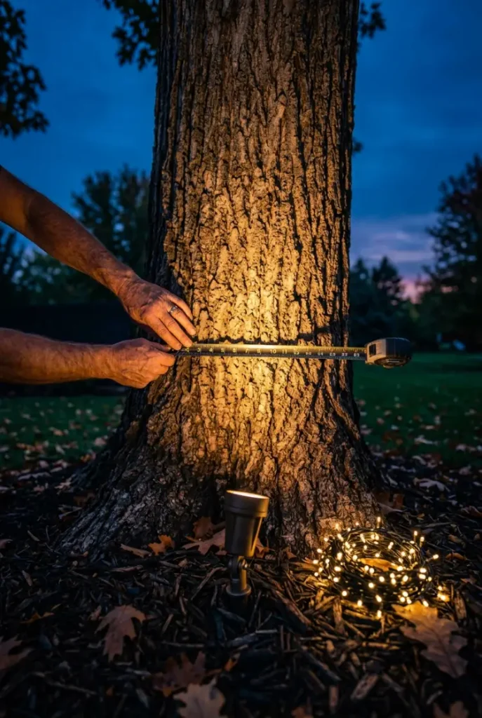 Tree lighting ideas planning step: hands measuring a maple trunk beside a coil of mini light strings