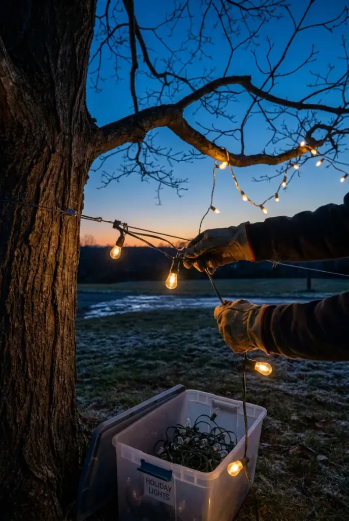 Tree lighting ideas takedown: gloved hands unclipping a cafe bulb strand from a maple guide wire