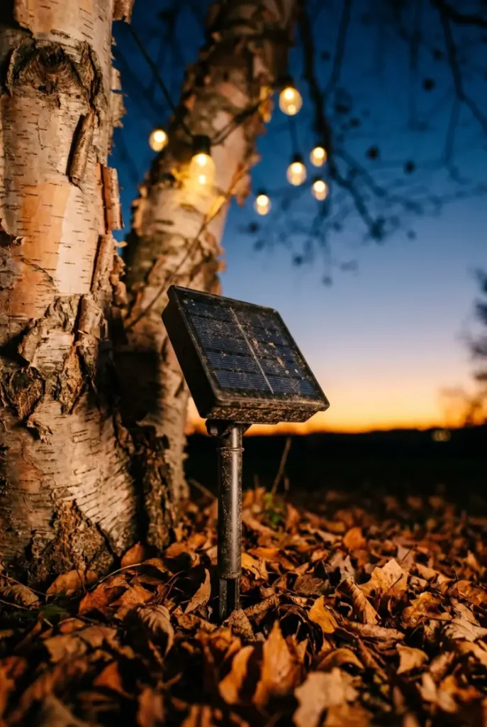 Tree lighting ideas without an outlet: a solar stake in fallen leaves under a lit river birch