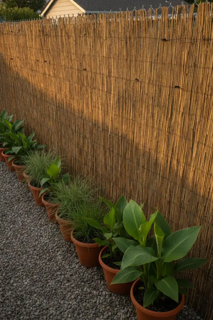 Tropical backyard privacy ideas with bamboo reed fencing over chain link and potted cannas