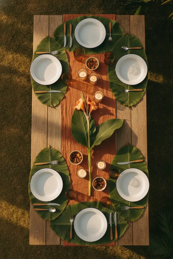 Tropical backyard table setting with banana leaf chargers and candles at golden hour