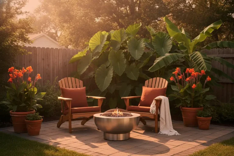 Tropical cozy backyard ideas for fall with a fire pit, elephant ears and golden hour light
