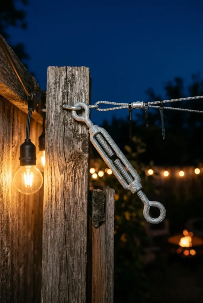 Turnbuckle and guide wire hardware used to hang rustic outdoor string lights on a cedar post