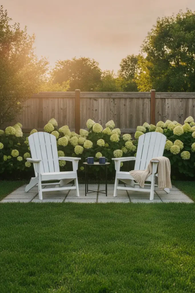 Two Adirondack chairs on pavers at the edge of a backyard lawn, a simple lawn seating spot at golden hour