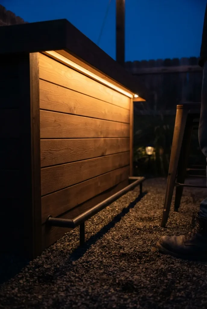 Under counter LED strip backyard bar lighting washing warm light down onto gravel