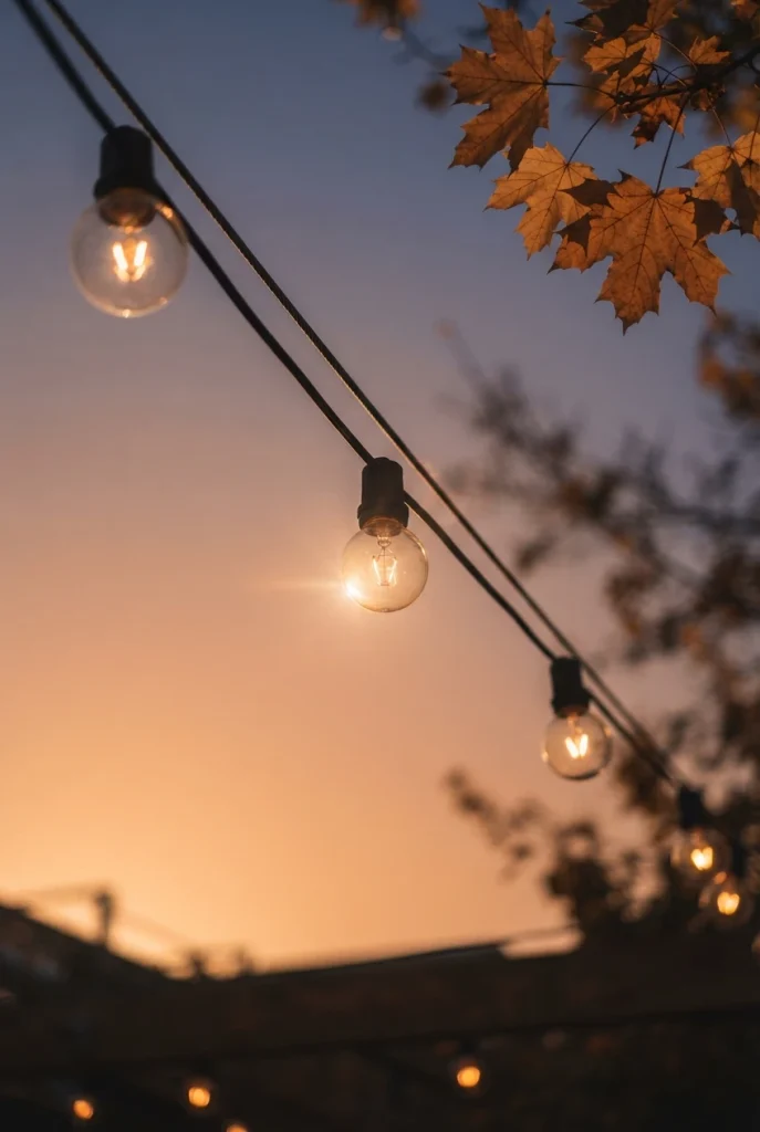 Warm 2200K café string lights glowing against a fall dusk sky