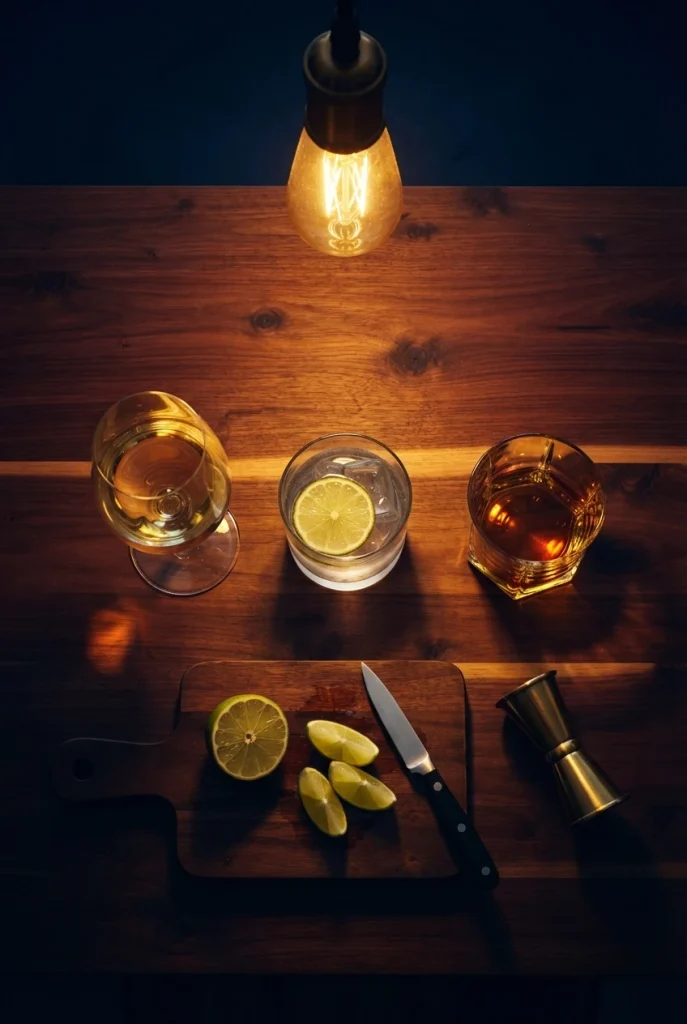 Warm bulb color for backyard bar lighting shown across three drinks on a wood bar top