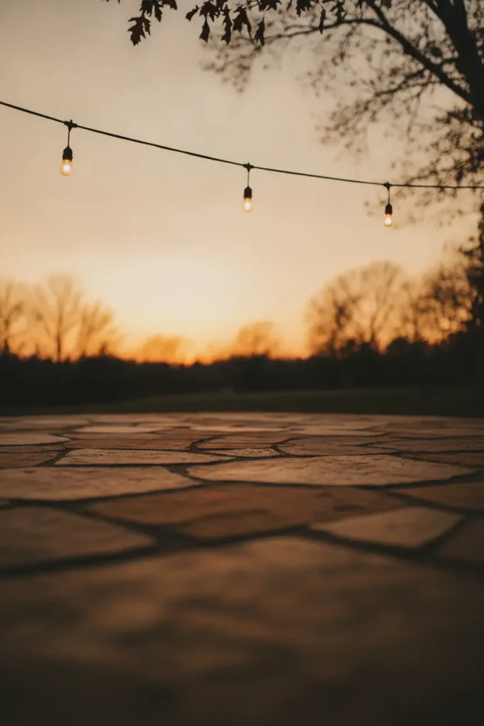 Warm cafe bulbs strung above a flagstone patio at dusk in a cozy stone backyard