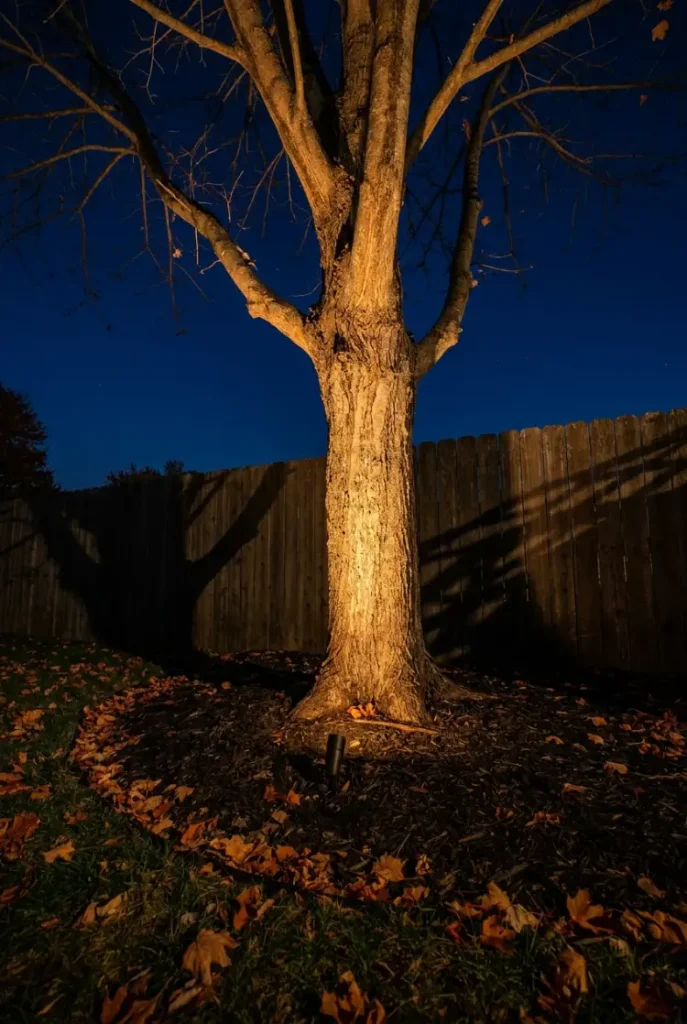 Warm uplight grazing a bare maple trunk for fall outdoor lighting ideas