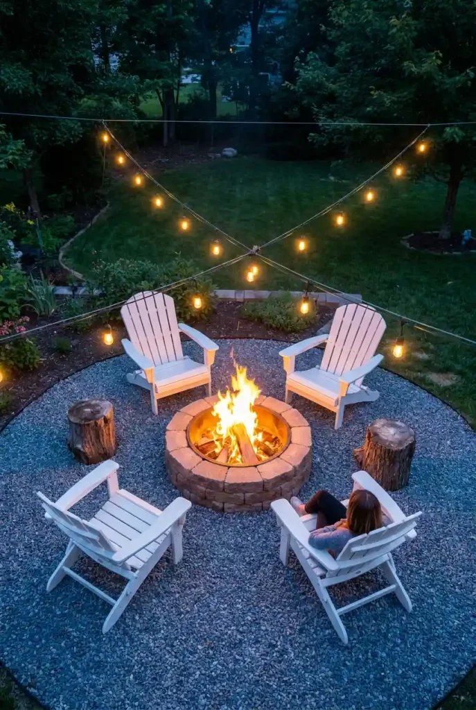 Wood burning fire pit ideas for seating: Adirondack chairs and stump seats under cafe string lights