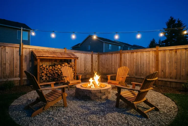 Wood fire pit ideas for a small backyard with a block fire ring, gravel, and Adirondack chairs at dusk