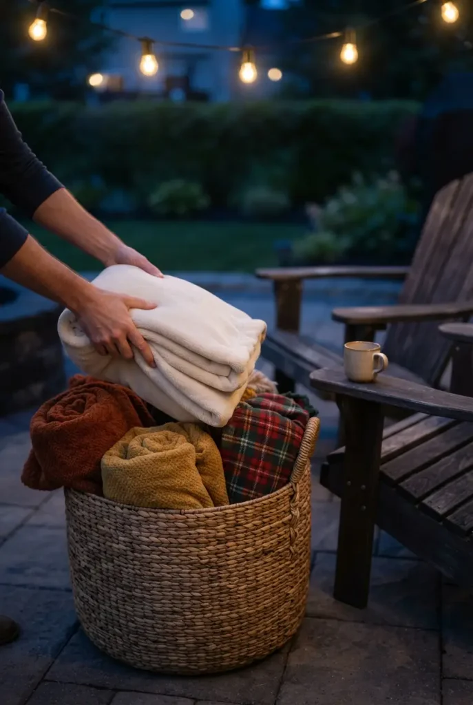 Woven basket of fall throw blankets beside Adirondack chairs for a backyard party