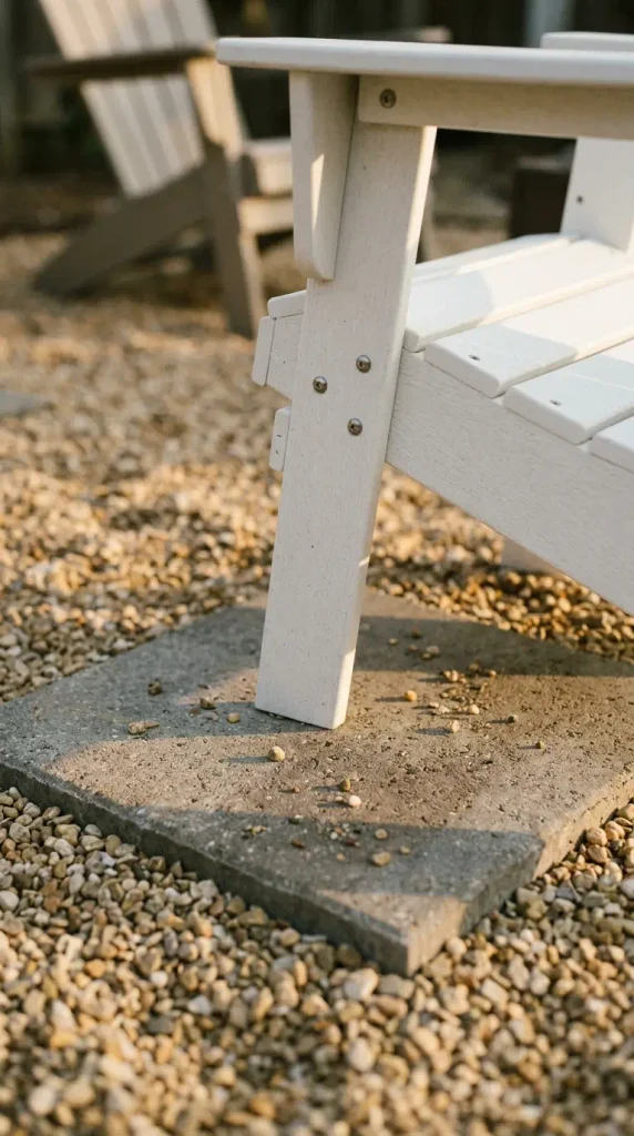 Adirondack chair legs on a concrete paver set into a gravel seating area