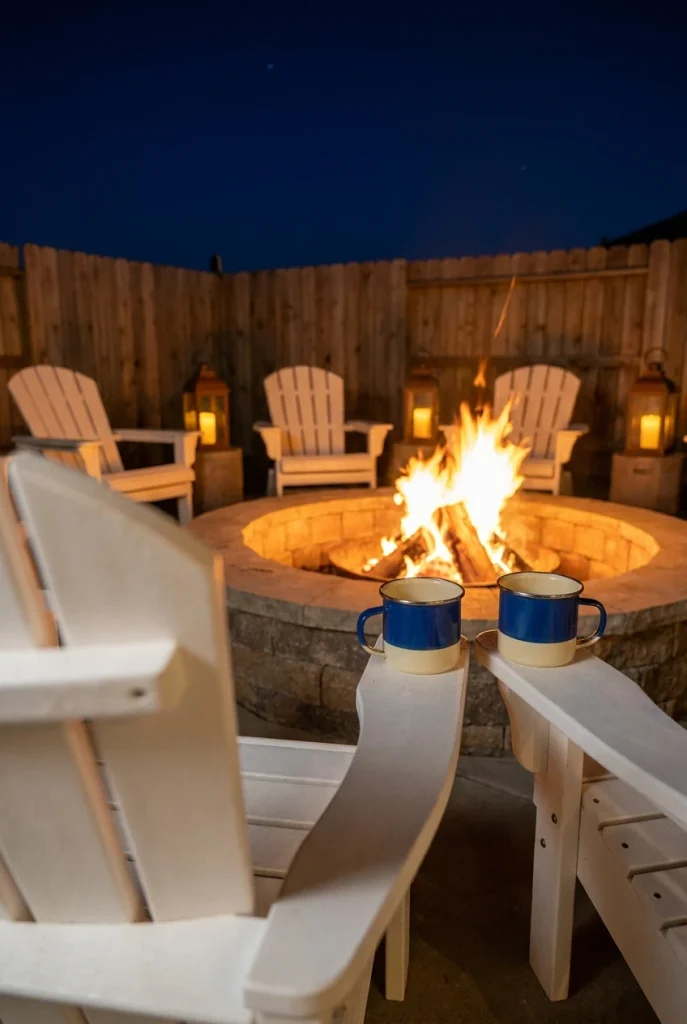 Adirondack chairs circling a lit sunken fire pit at night with lanterns along the fence