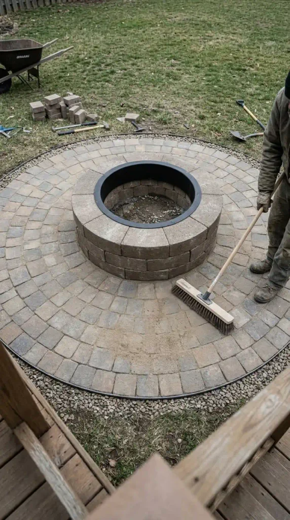 Pavers around fire pit: 12-foot circular paver apron surrounding a round block fire pit