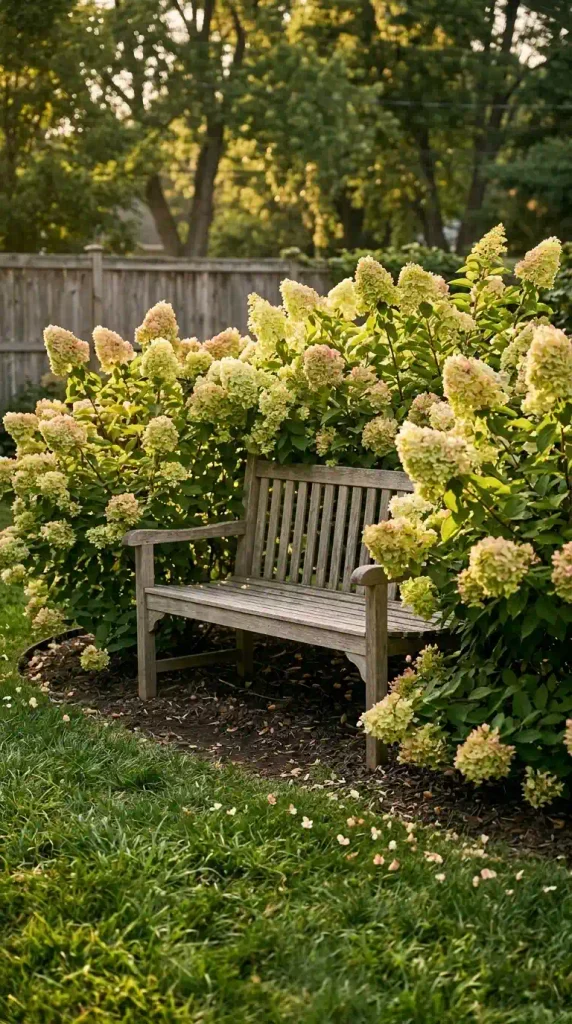 Backyard flower bed idea with dwarf panicle hydrangeas planted in a horseshoe around a cedar bench
