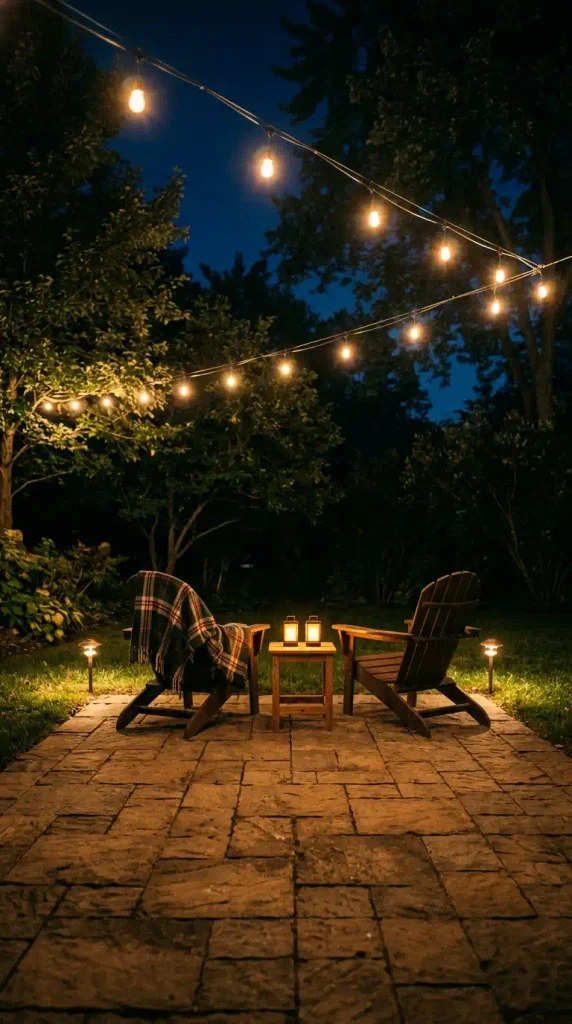 Backyard lighting ideas for fall: string lights, lanterns, and path lights around a paver patio at night