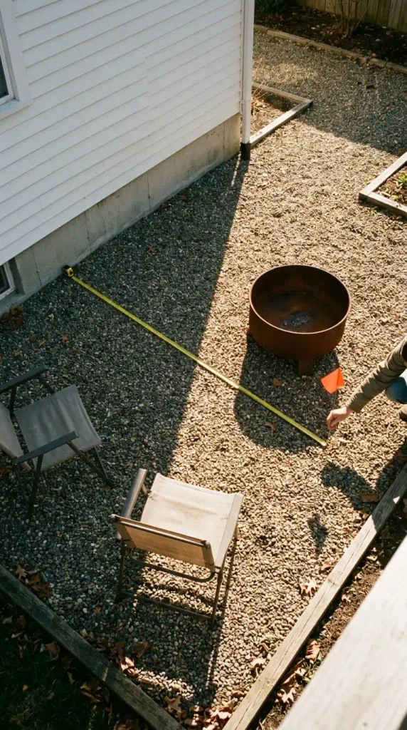 Backyard shade idea using the house shadow, with a tape measure marking fire pit clearance on gravel