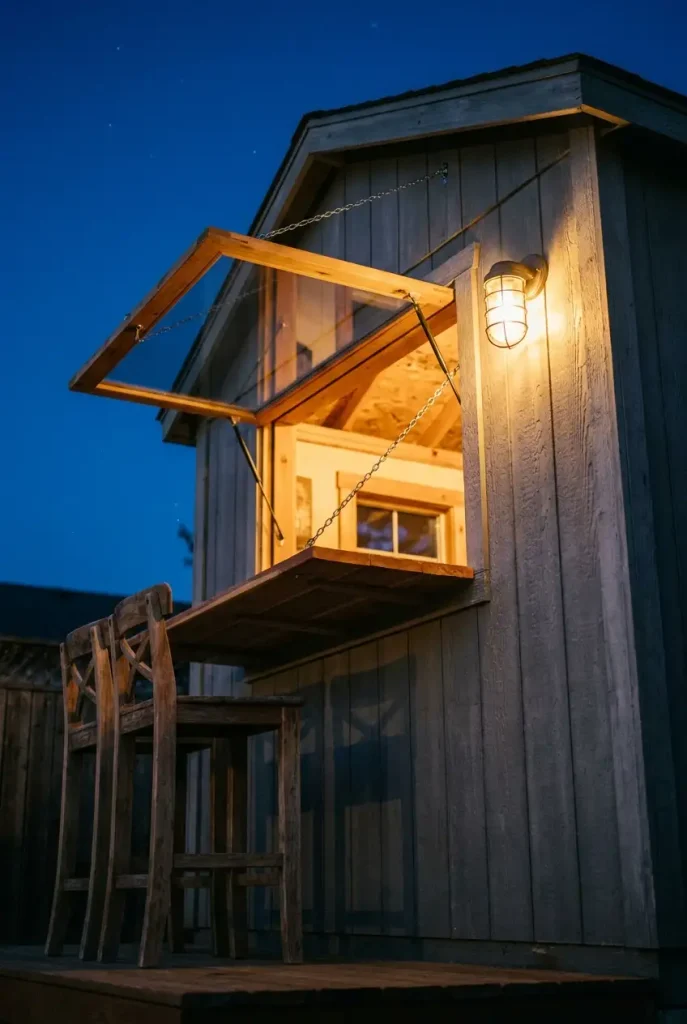 Backyard shed bar with an open pub window glowing at night above a cedar ledge and two bar stools