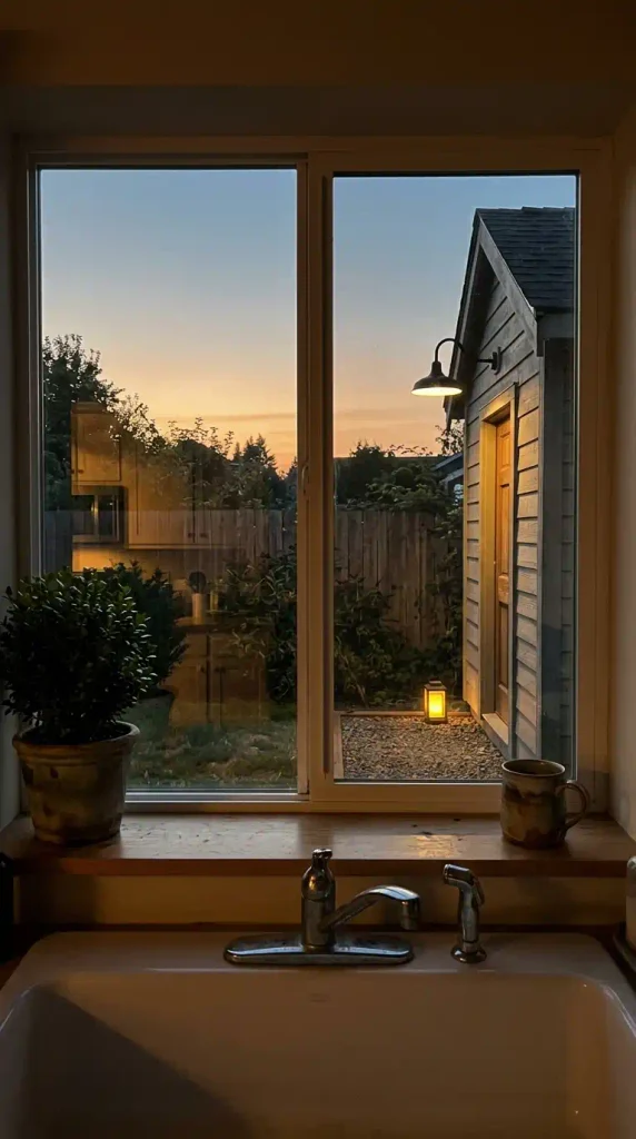 Backyard shed corner at dusk seen from a kitchen window, lit by a barn light and a lantern