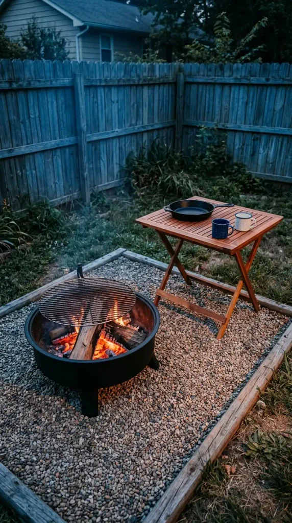 Budget fire pit dining setup with a steel fire pit on pea gravel beside a folding wood table
