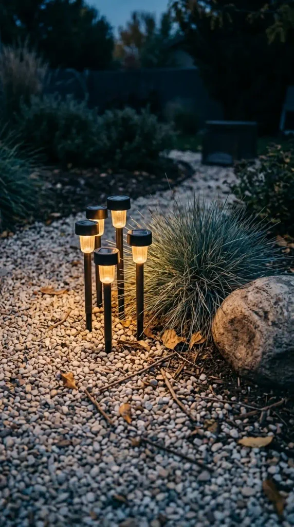 Budget xeriscape outdoor lighting with a cluster of five solar stake lights beside blue fescue