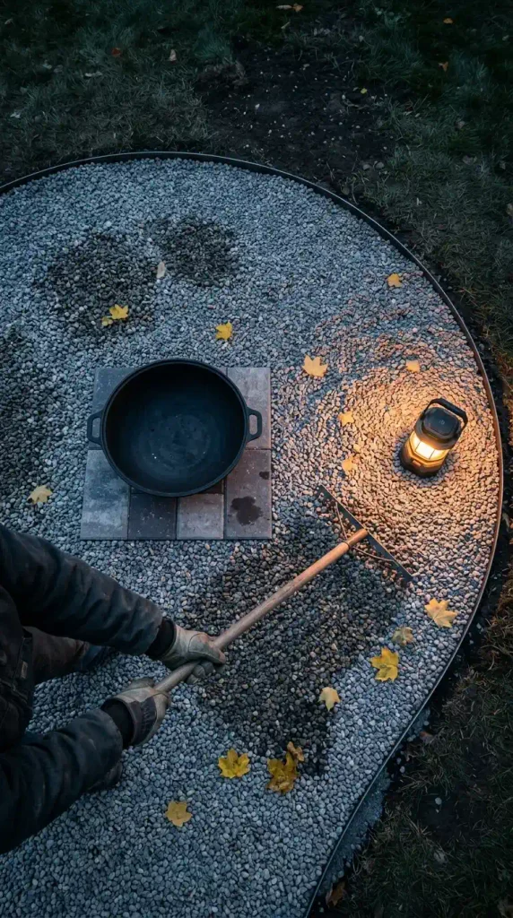 Building a gravel fire pit with a patio: gloved hands raking pea gravel inside steel edging