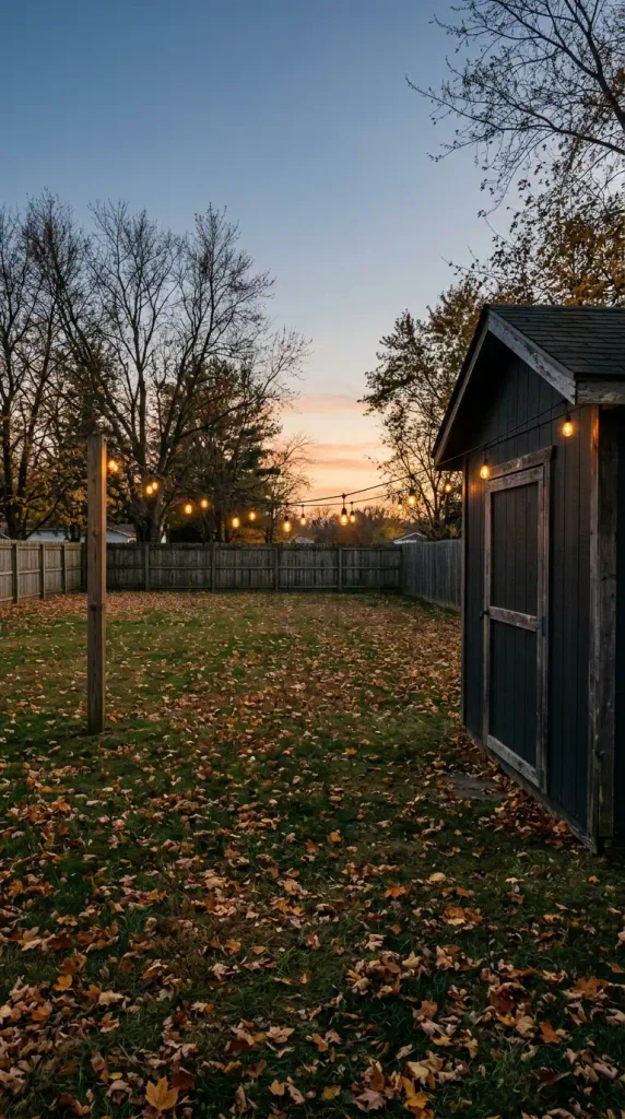 Café string lights hung from a backyard shed roofline to a cedar post at dusk in fall
Suggested filename: cozy-
