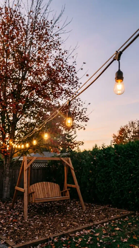 Fall backyard play area ideas: café string lights over a cedar swing set at sunset