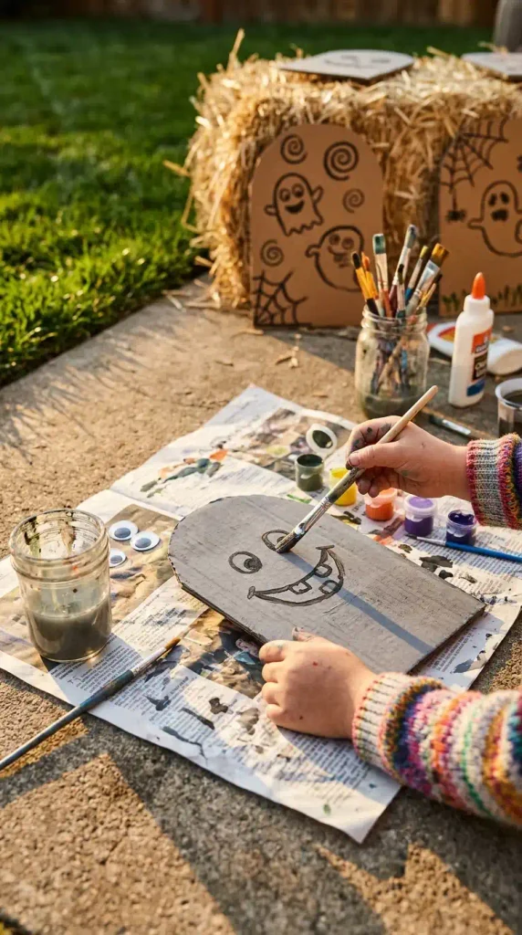 Child painting a goofy cardboard tombstone for a not-too-scary Halloween backyard play area