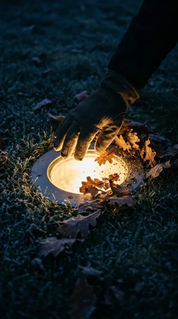 Clearing fall leaves off an in ground well light in a frosty lawn, a simple landscape lighting upkeep step