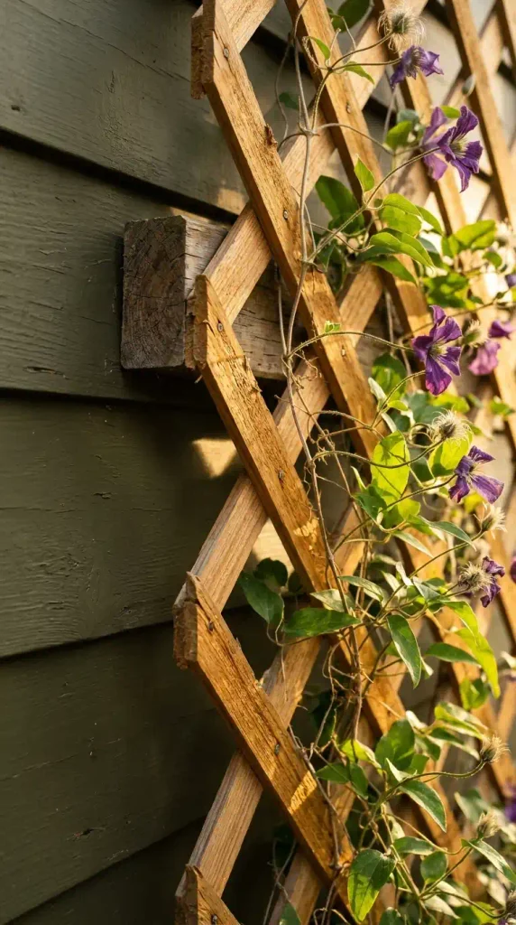 Clematis on a cedar trellis set off shed siding with spacer blocks to protect the wood