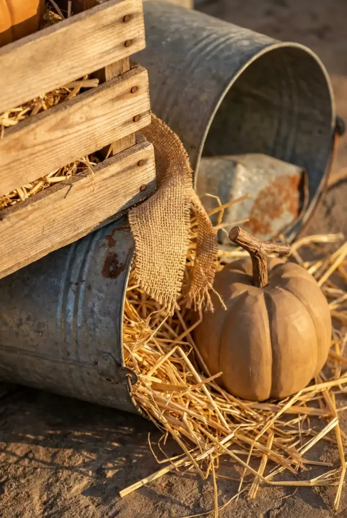 Close-up of rustic fall backyard decor textures: cedar crate, galvanized bucket, burlap, straw, wood pumpkin