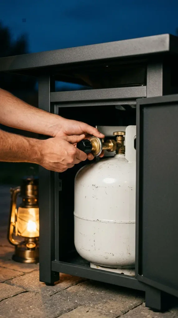 Connecting a 20 lb propane tank inside a fire pit dining table base before an outdoor dinner