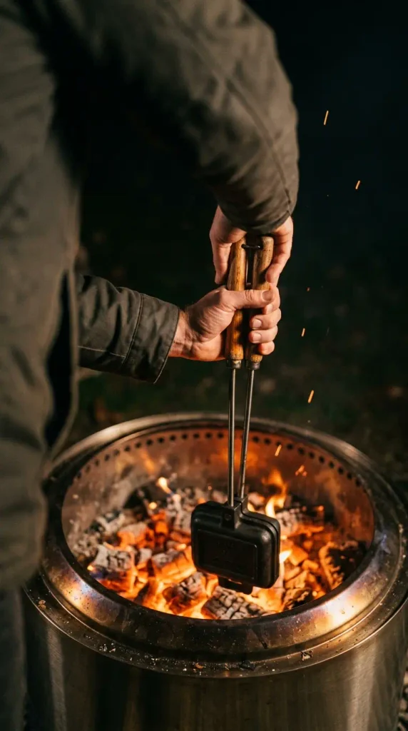 Cooking a pie iron sandwich over glowing coals as part of a fire pit dining night
