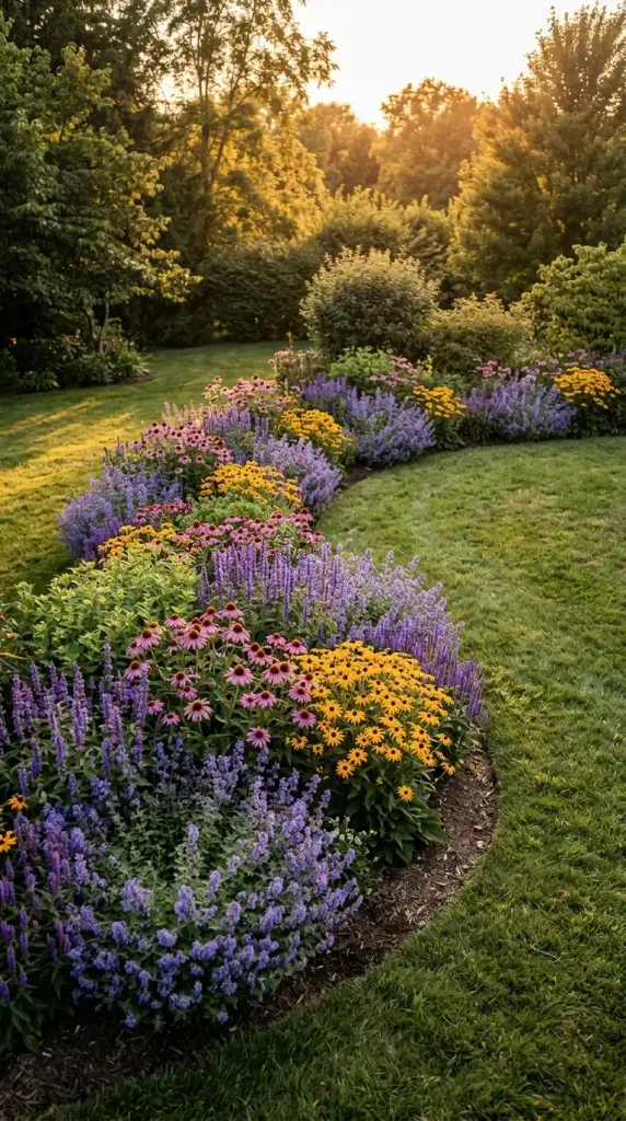 Cottage garden flowers planted in drifts of catmint, salvia, coneflower, and black-eyed Susan along a lawn
