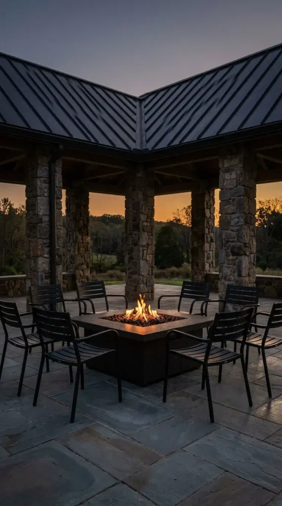 Covered fire pit area under a metal roof pavilion with a propane fire table glowing at dusk