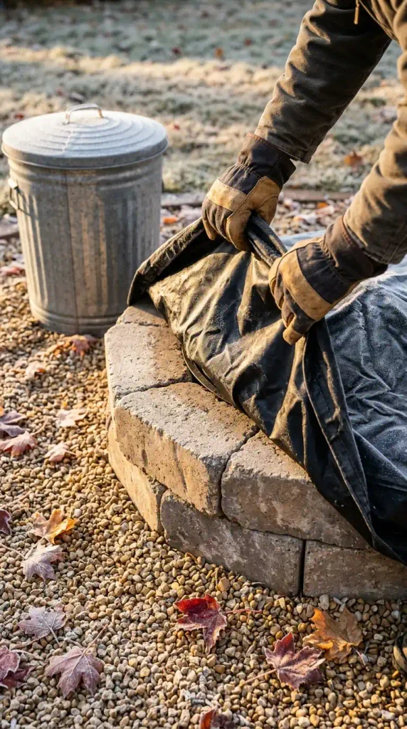 Covering a gravel fire pit on a frosty fall morning with a lidded ash can nearby