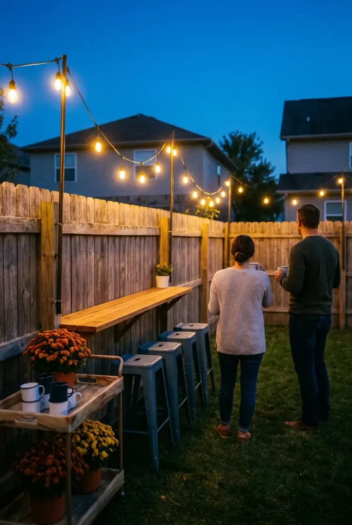 Cozy backyard bar ideas for fall with a cedar fence ledge, blue stools, and warm café string lights at dusk