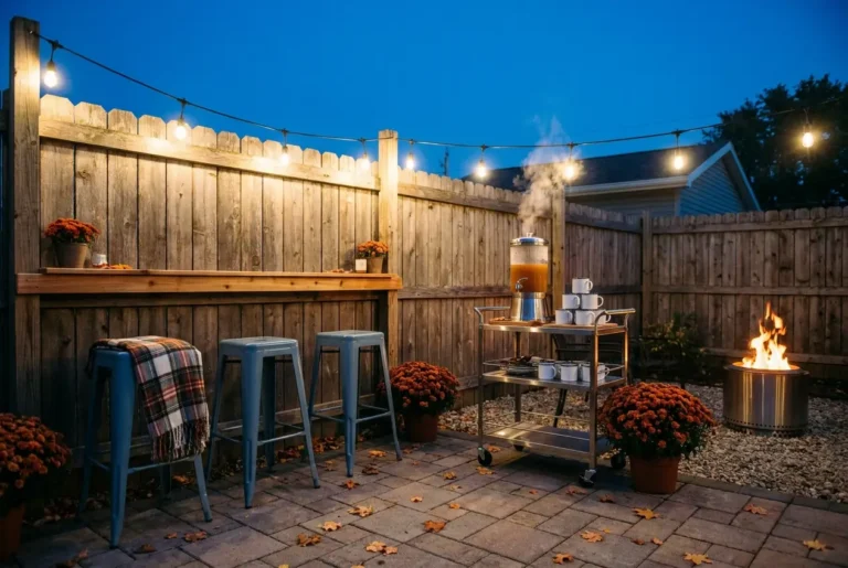 Cozy backyard bar ideas for fall with a cedar ledge, blue stools, cider cart, and café lights at blue hour