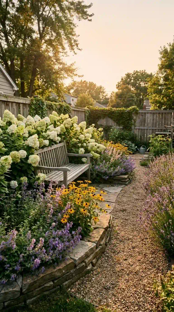 Cozy backyard flower ideas with a bench framed by white hydrangeas, catmint, and a lavender gravel path